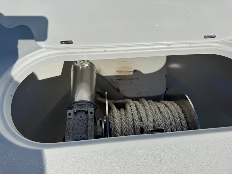 Slide: The Image of Anchor storage compartment on a 2020 Yellowfin 42 Offshore boat. - 44