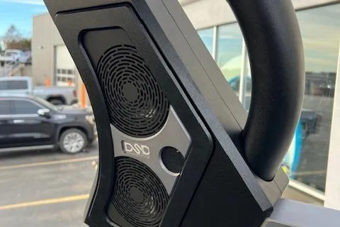 Slide: The Image of Close-up of 2025 Supra SA450 speaker system with modern design in an outdoor setting. - 25