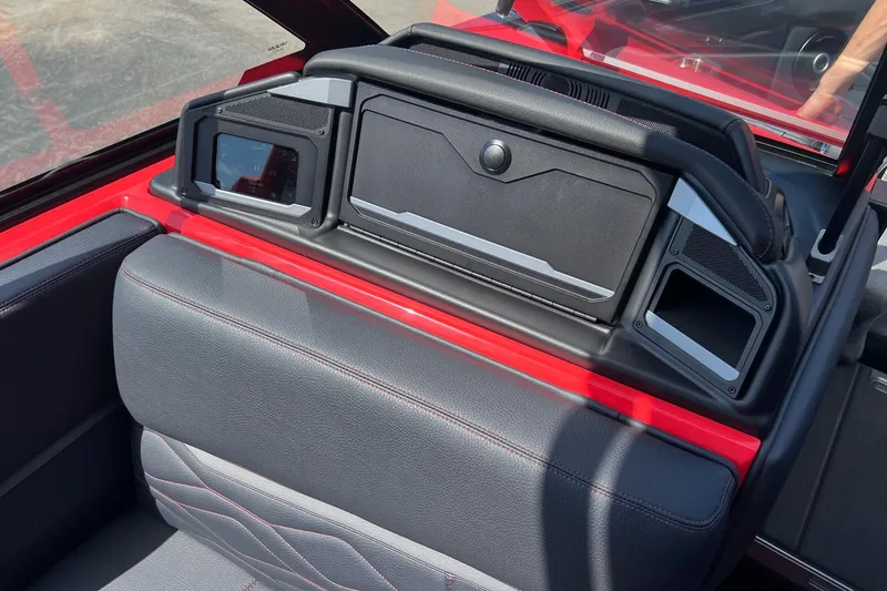 Slide: The Image of 2025 Supra SL 450 interior, featuring sleek black and red leather seating and modern dashboard design. - 19