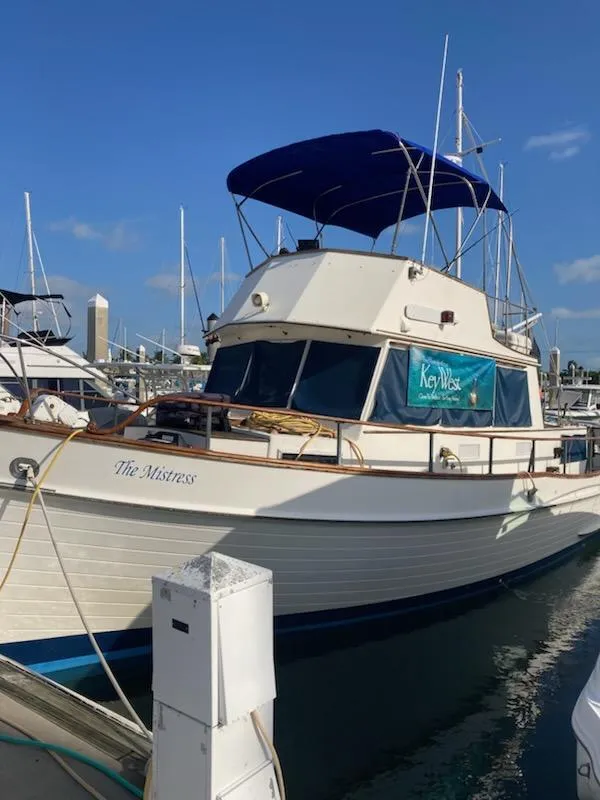 Slide: The Image of 1982 Grand Banks 36 Classic yacht docked in a marina under a clear blue sky. - 6