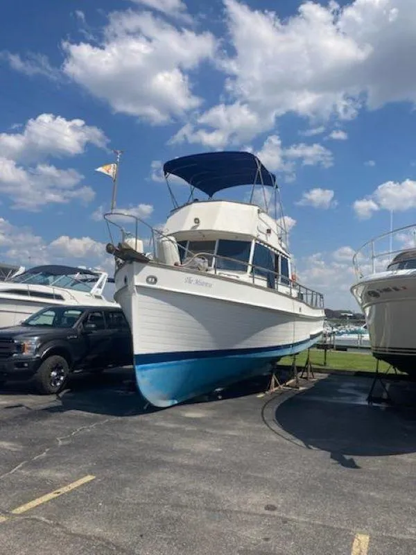 Slide: The Image of 1982 Grand Banks 36 Classic boat on display under a blue sky. - 8