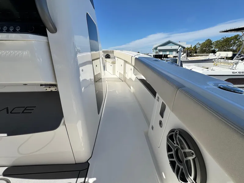 Slide: The Image of Solace 32 CS 2025 boat deck with sleek design and modern features. - 28
