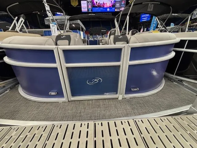 Slide: The Image of 2025 Barletta ARIA 20QC pontoon boat, rear view at a boat show display. - 24
