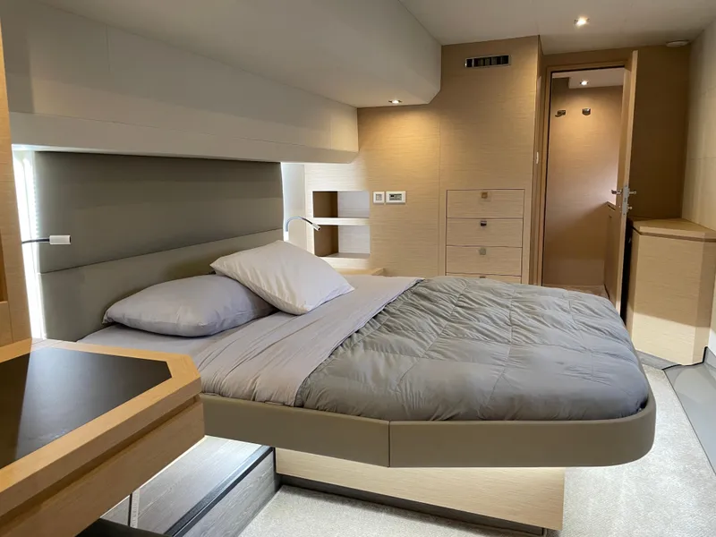 Slide: The Image of Luxurious bedroom interior of 2020 Fountaine Pajot MY 44 yacht with modern design. - 39