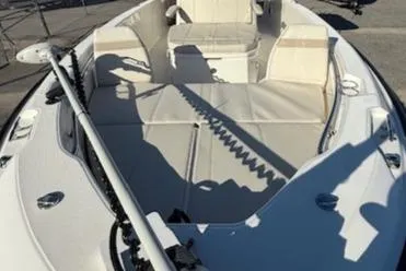 Slide: The Image of 2023 Boston Whaler 250 Dauntless boat interior with seating and equipment. - 17