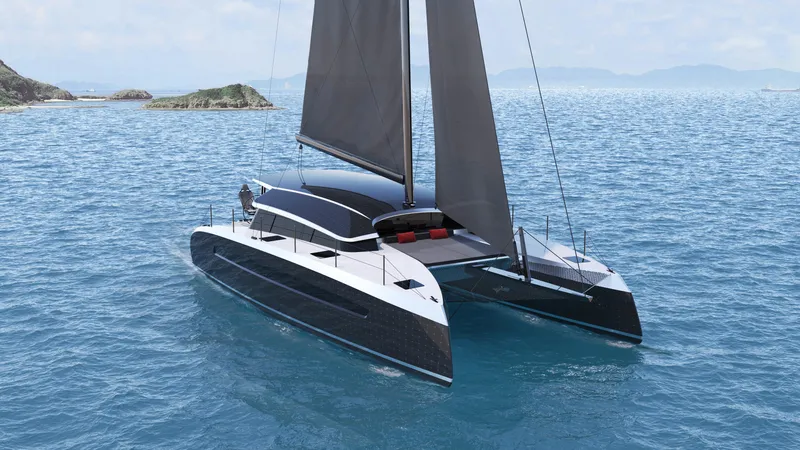 The Image of Modern McConaghy 2027 Panther48 catamaran sailing on open sea with sleek design. - 1