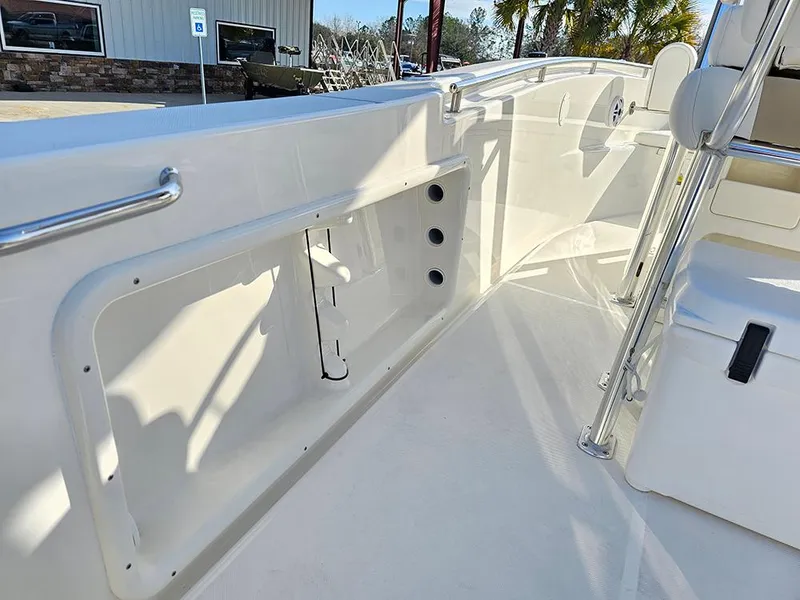 Slide: The Image of 2025 Bulls Bay 230 Center Console boat interior, featuring sleek white design and modern fittings. - 13