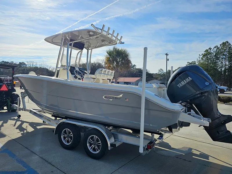 Slide: The Image of 2025 Bulls Bay 230 Center Console boat on trailer with Yamaha outboard motor. - 7