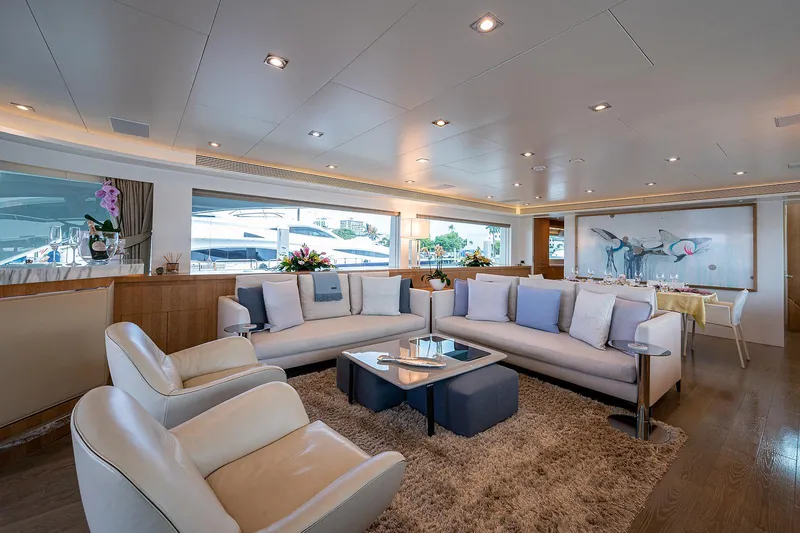 Slide: The Image of Luxurious interior of 2014 Horizon RP 110 yacht with modern seating and elegant decor. - 3