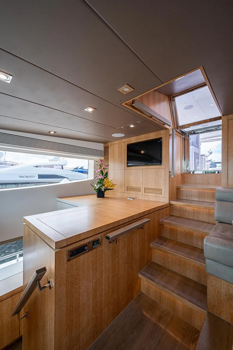 Slide: The Image of Luxurious interior of 2014 Horizon RP 110 yacht with wooden finishes and modern amenities. - 32
