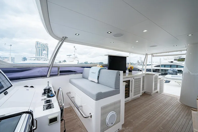 Slide: The Image of Luxurious 2014 Horizon RP 110 yacht interior with modern seating and control panel. - 37