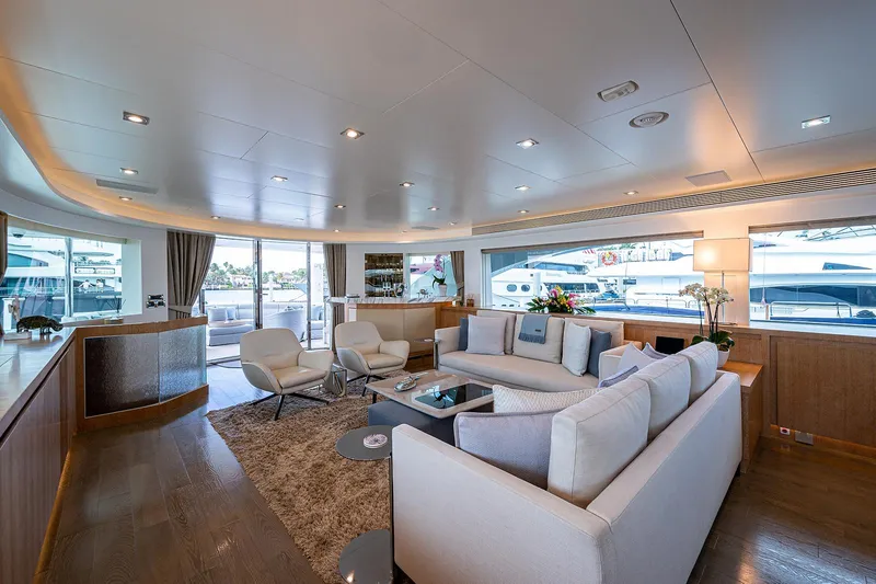 Slide: The Image of Luxurious interior of 2014 Horizon RP 110 yacht with modern furnishings and large windows. - 5
