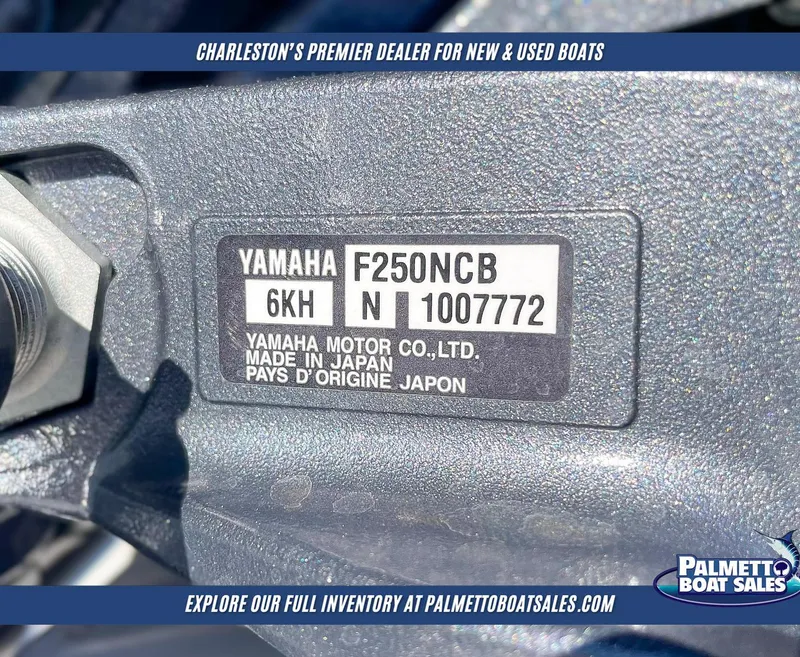 Slide: The Image of Yamaha F250NCB engine label on Delta Boatworks 245, 2025 model, at Palmetto Boat Sales. - 17