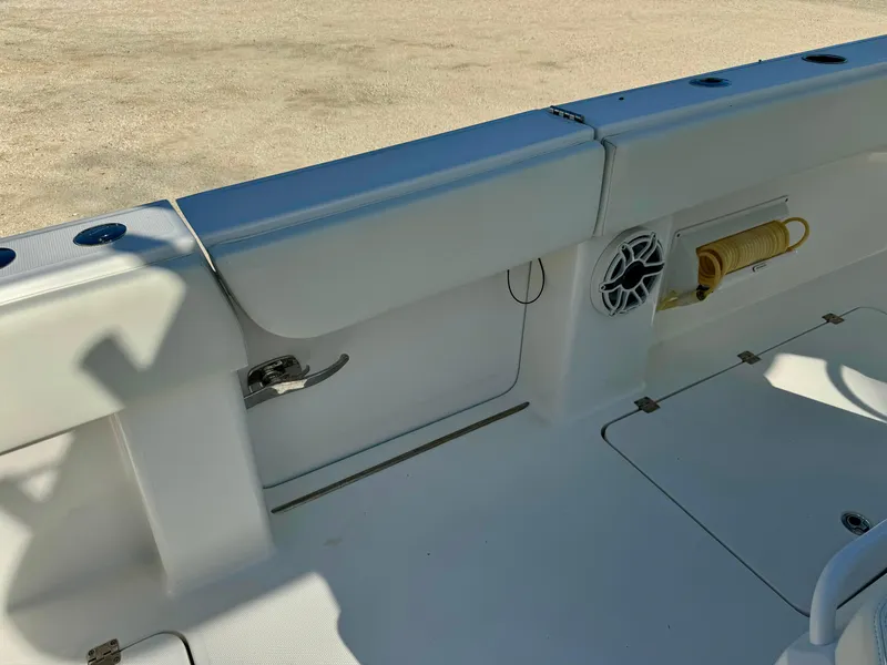 Slide: The Image of Invincible 37 Catamaran 2020 interior detail with speaker and storage compartment. - 24