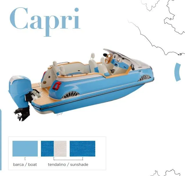 Slide: The Image of Blue Fiat 500 Classic boat, 2025 model, with wooden deck and outboard motor. - 23