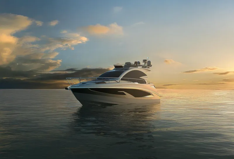 Slide: The Image of 2025 Cobrey 45 FLY yacht cruising at sunset on calm waters. - 2