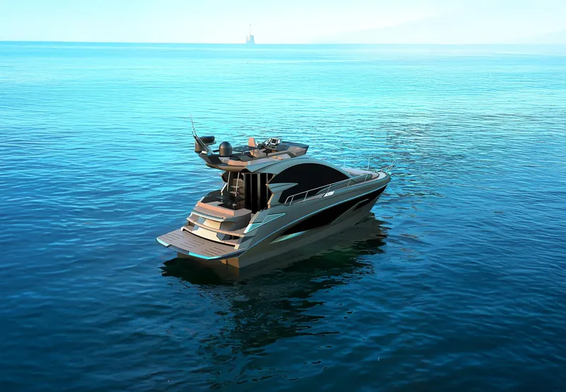 Slide: The Image of 2025 Cobrey 45 FLY yacht on calm blue sea, showcasing sleek design and luxury. - 4