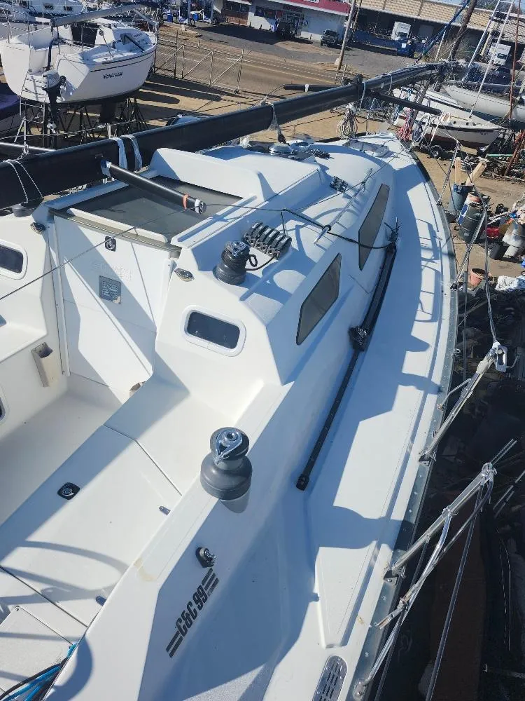 Slide: The Image of Sailboat deck view, C&C 99 model, 2002, docked at marina. - 11