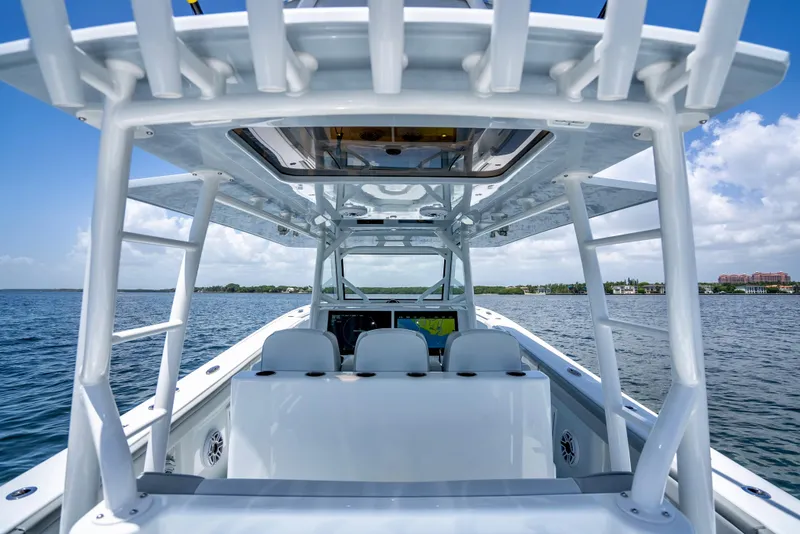 Slide: The Image of 2023 Yellowfin 42 Offshore boat interior with ocean view and clear sky. - 44