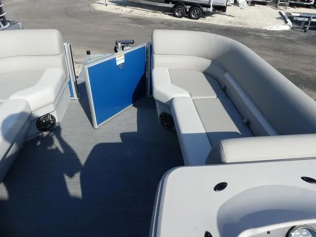Slide: The Image of 2025 Godfrey Pontoons Xperience 1886 CX interior with gray seating and blue gate. - 16