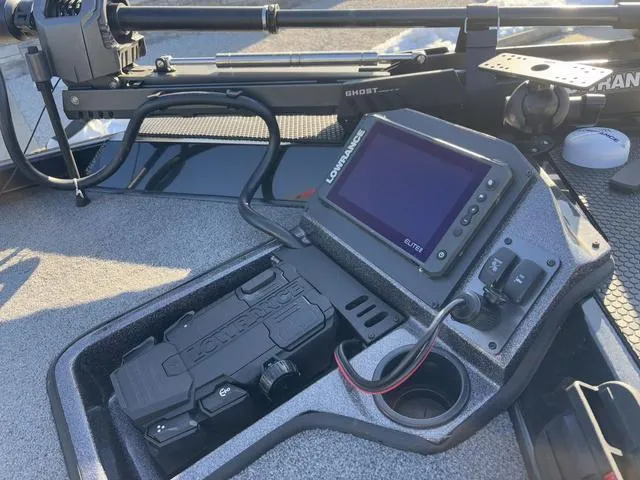 Slide: The Image of 2023 Ranger RT188 boat dashboard with Lowrance Elite fishfinder and Ghost trolling motor. - 7