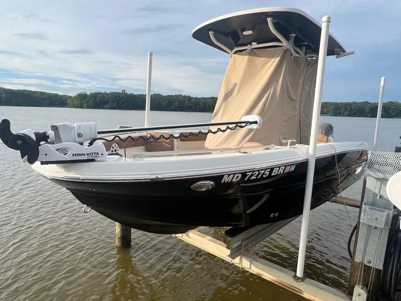 Slide: The Image of 2021 Stingray 216 CC boat on lift, equipped with Minn Kota motor, docked by a lake. - 1
