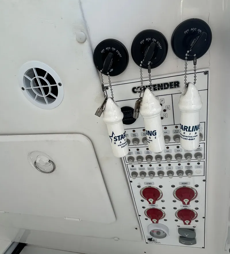Slide: The Image of Control panel of a 2022 Contender 35 ST boat with switches and labeled keys. - 33