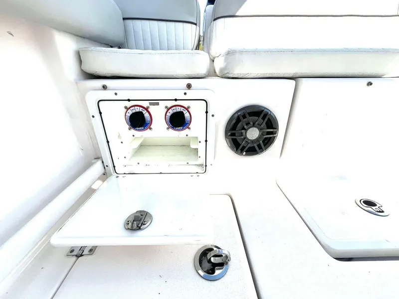 Slide: The Image of 2023 Sea Fox 268 Commander boat interior with control panel and speaker. - 41