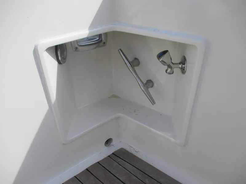 Slide: The Image of 1997 Ocean Yachts 40 Super Sport yacht deck detail with stainless steel fixtures. - 13
