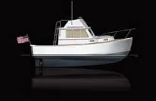 The Image of 1988 Cape Dory Flybridge boat with American flag, side view on black background. - 1