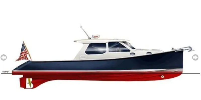 Slide: The Image of 2005 True North 38 Heritage boat, side view, navy and red hull, American flag. - 33