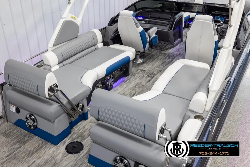 Slide: The Image of 2025 Avalon Excalibur LTD QLW boat interior with luxurious seating and modern design. - 12