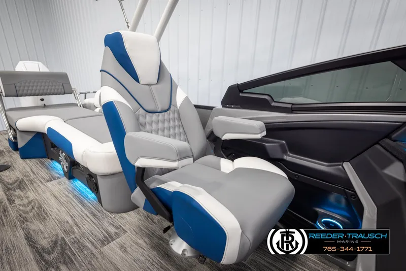 Slide: The Image of Luxurious interior of 2025 Avalon Excalibur LTD QLW boat with modern seating and ambient lighting. - 20