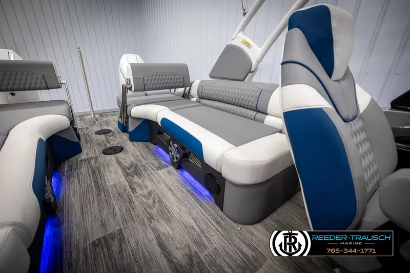 Slide: The Image of Luxurious interior of 2025 Avalon Excalibur LTD QLW boat with blue LED lighting. - 23