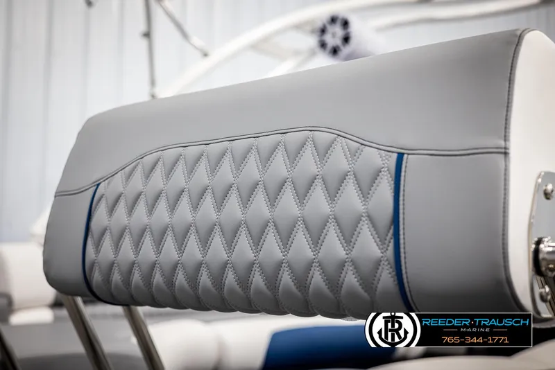Slide: The Image of Gray diamond-stitched seat detail of 2025 Avalon Excalibur LTD QLW boat. - 39