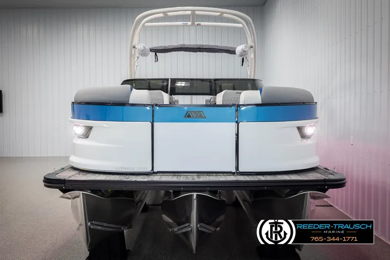 Slide: The Image of 2025 Avalon Excalibur LTD QLW pontoon boat in showroom, front view. - 8