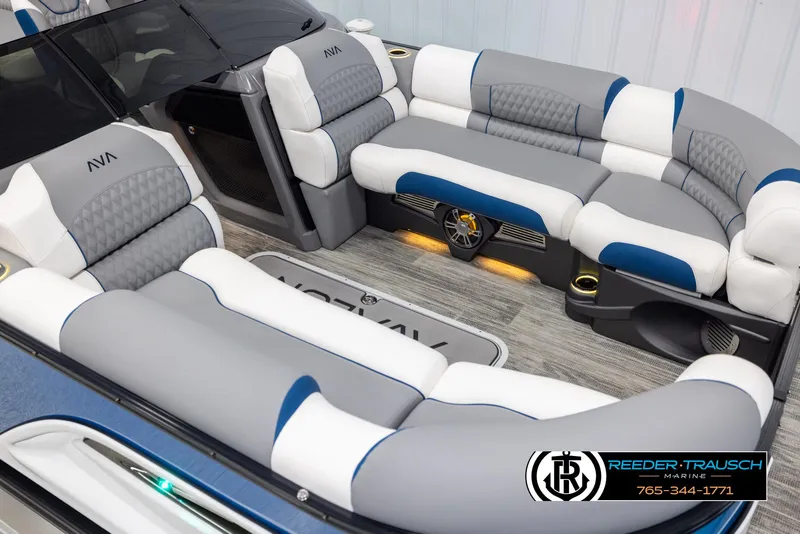 Slide: The Image of Luxurious interior of 2025 Avalon Excalibur LTD QLW boat with plush seating. - 9