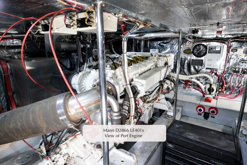 Slide: The Image of Engine room of a 1996 Mediterranean convertible, featuring a Mann D2866 LE401S port engine. - 35