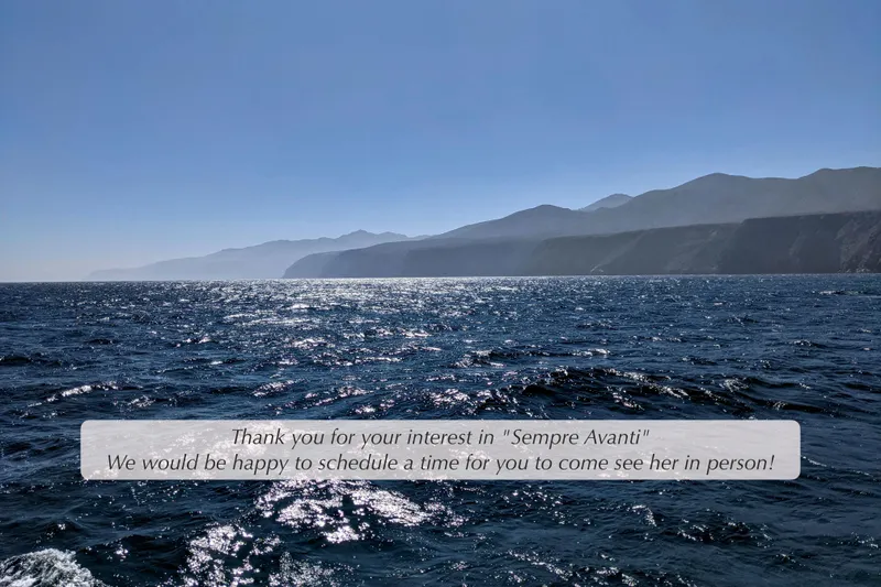 Slide: The Image of Ocean view with mountains, text overlay about scheduling a visit for "Sempre Avanti." - 37