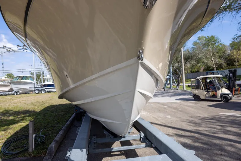 Slide: The Image of 2019 Grady-White Freedom 375 boat on trailer, viewed from the front. - 3