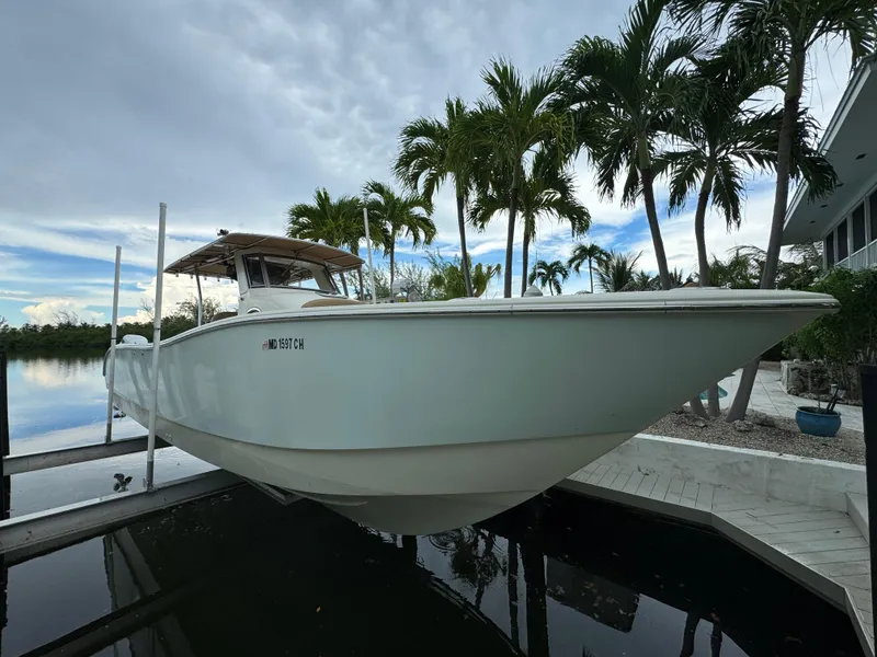 Slide: The Image of 2009 Mamba 350 boat docked near palm trees and water. - 16