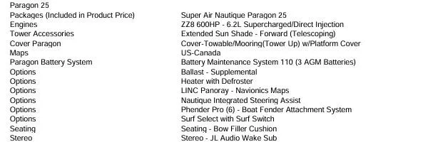 Slide: The Image of 2023 Nautique Super Air Nautique G25 Paragon features and options list. - 13