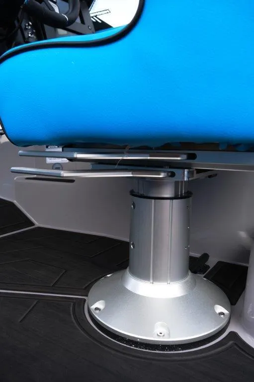 Slide: The Image of 2025 Moomba Max boat seat with blue upholstery and adjustable pedestal base. - 14