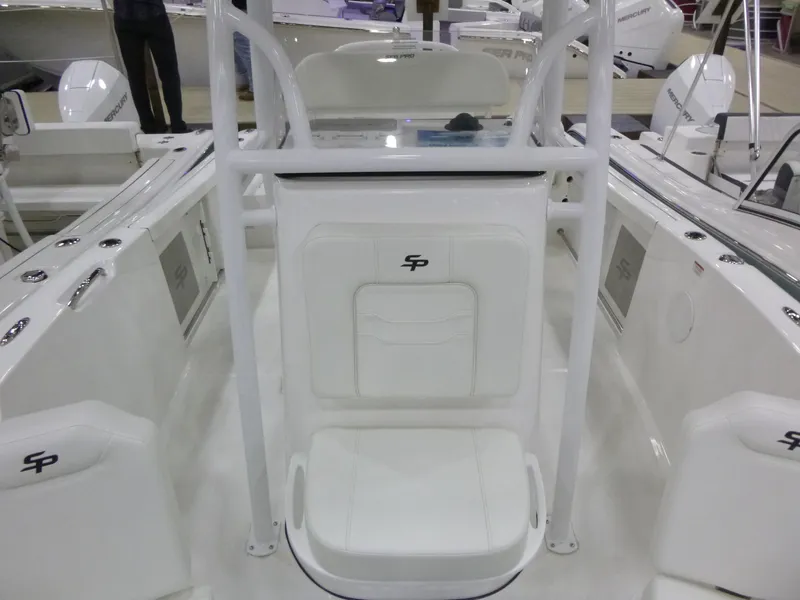 Slide: The Image of 2025 Sea Pro 225FLX Sandbar boat, rear view, on trailer in parking lot. - 10