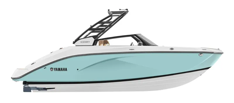 Slide: The Image of 2024 Yamaha 222SD jet boat, sleek design, light blue and white exterior. - 1