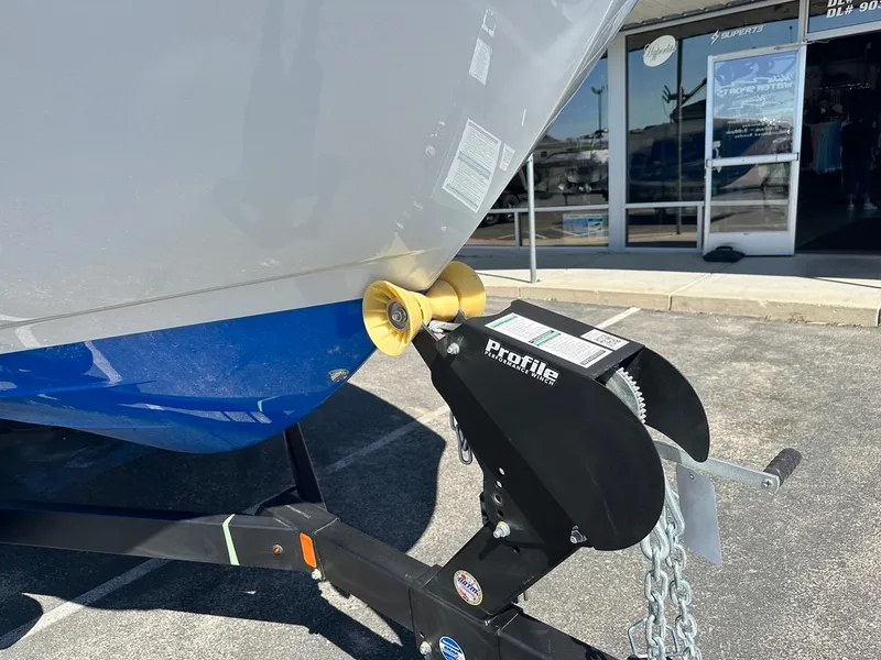 Slide: The Image of 2024 Yamaha 222XD jet boat on trailer, close-up of bow and winch. - 4