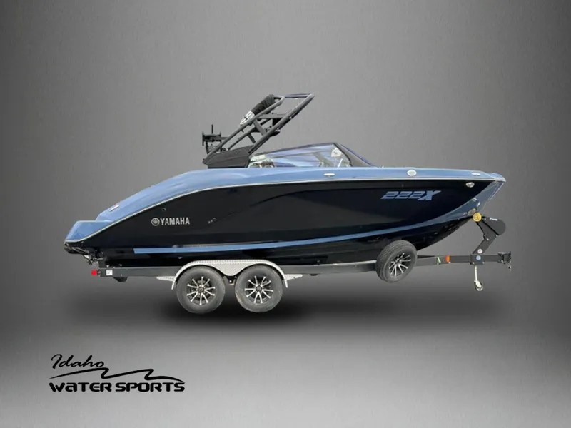 Slide: The Image of 2024 Yamaha 222XD jet boat on trailer, showcased by Idaho Water Sports. - 1