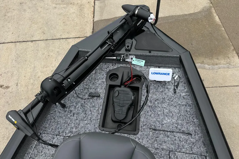 Slide: The Image of 2025 Tracker Pro Team 175 boat deck with trolling motor and Lowrance electronics. - 3