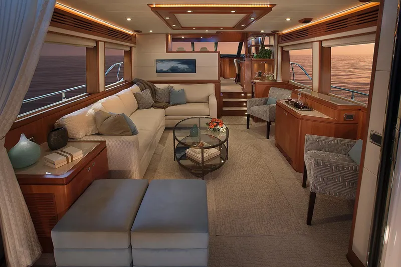 Slide: The Image of Luxurious interior of 2026 Hampton 650 Pilothouse yacht with elegant seating and ocean view. - 1