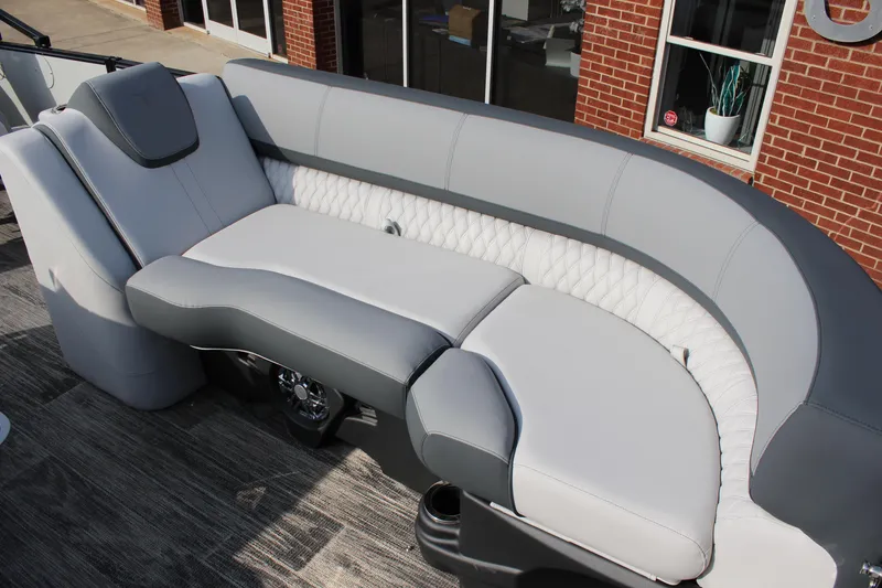 Slide: The Image of 2025 Tahoe Pontoon Cascade QLS interior seating with modern design and comfortable upholstery. - 10